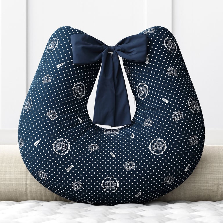 Almofada Amamentação Coroa e Poá Azul Marinho com Laço