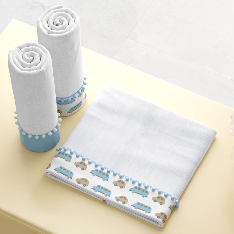 Jogo de Fraldas de Ombro Barra Carrinhos Azul com Pompom