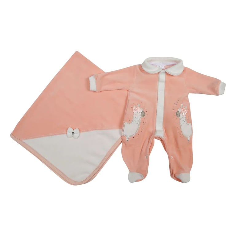 Saída Maternidade Baby Gijo Plush Bordado Lhama + Manta Salmão