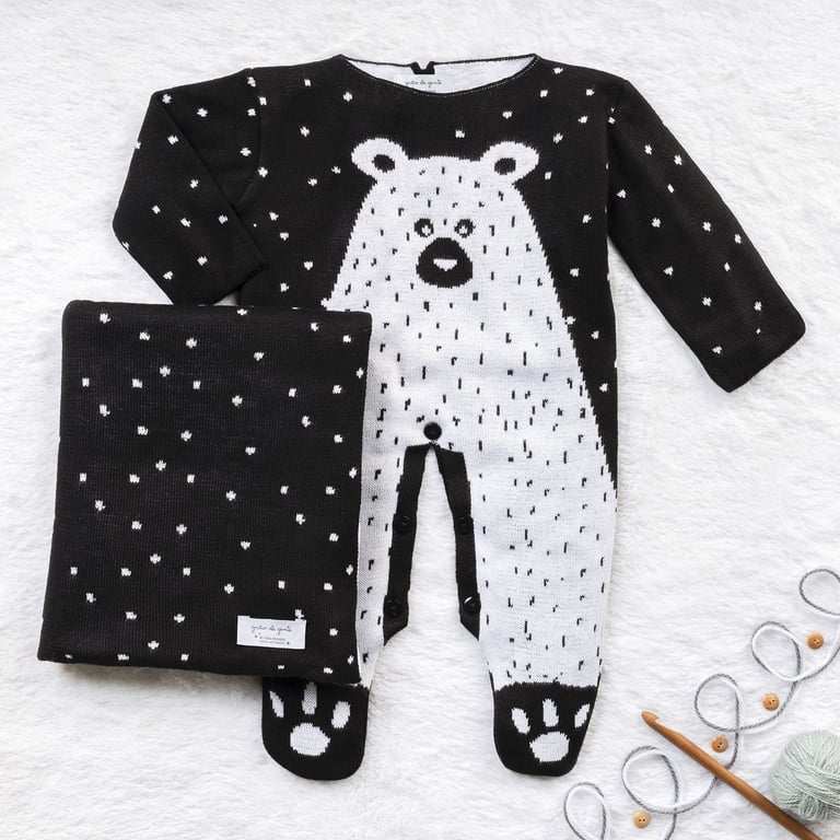 Saída Maternidade Tricot Jacquard Urso Nórdico Preto 02 Peças