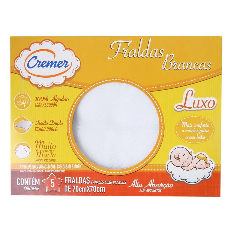 Kit Fralda de Pano Cremer Luxo Tecido Duplo com 05 Unidades
