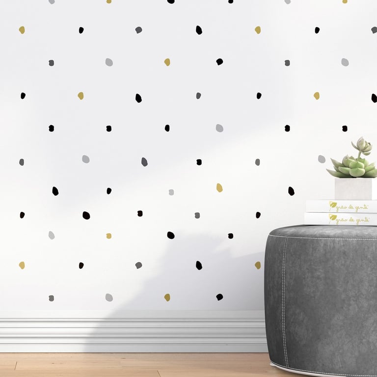 Papel de Parede Poá Artsy Cinza, Preto e Amarelo Mostarda