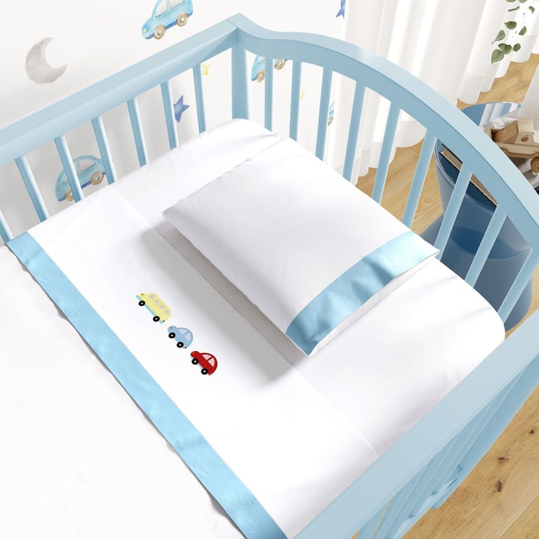 Jogo de Lençol Berço Bordado Carrinhos Azul Bebê 3 Peças — vista alternativa