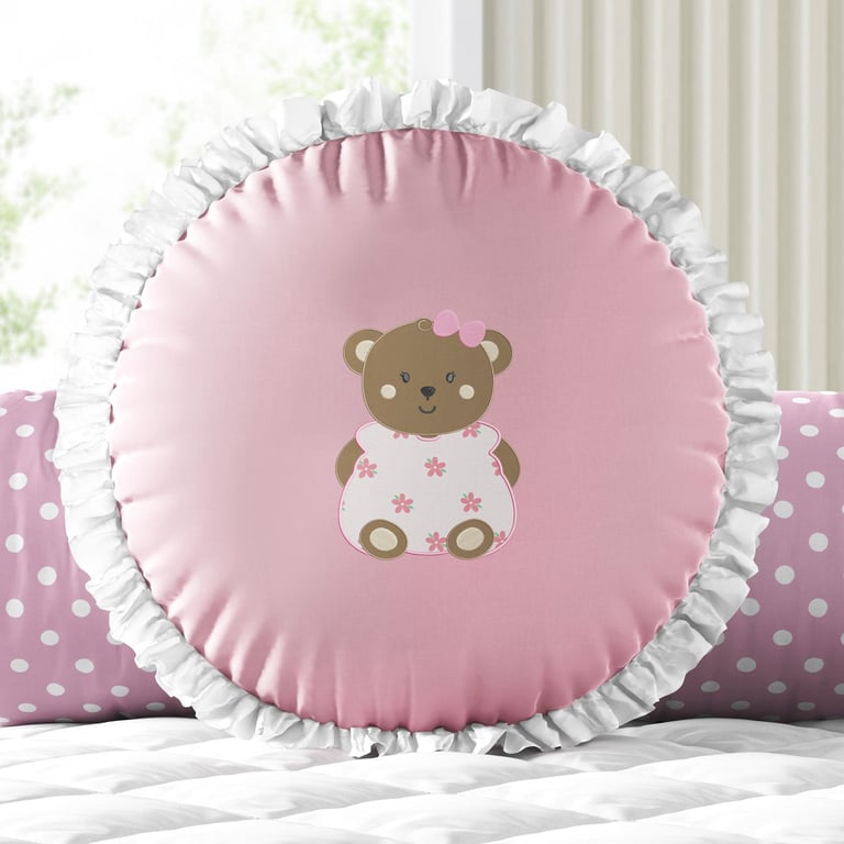 Almofada Redonda Ursinha Floral Rosa 38cm