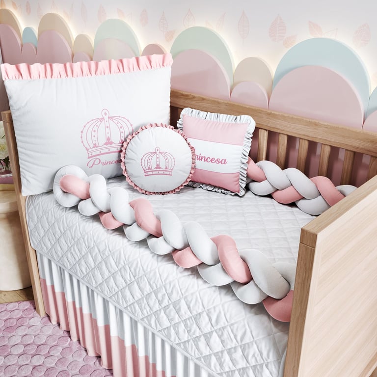 Kit Berço Duas Tranças Menina Princesa Rosa