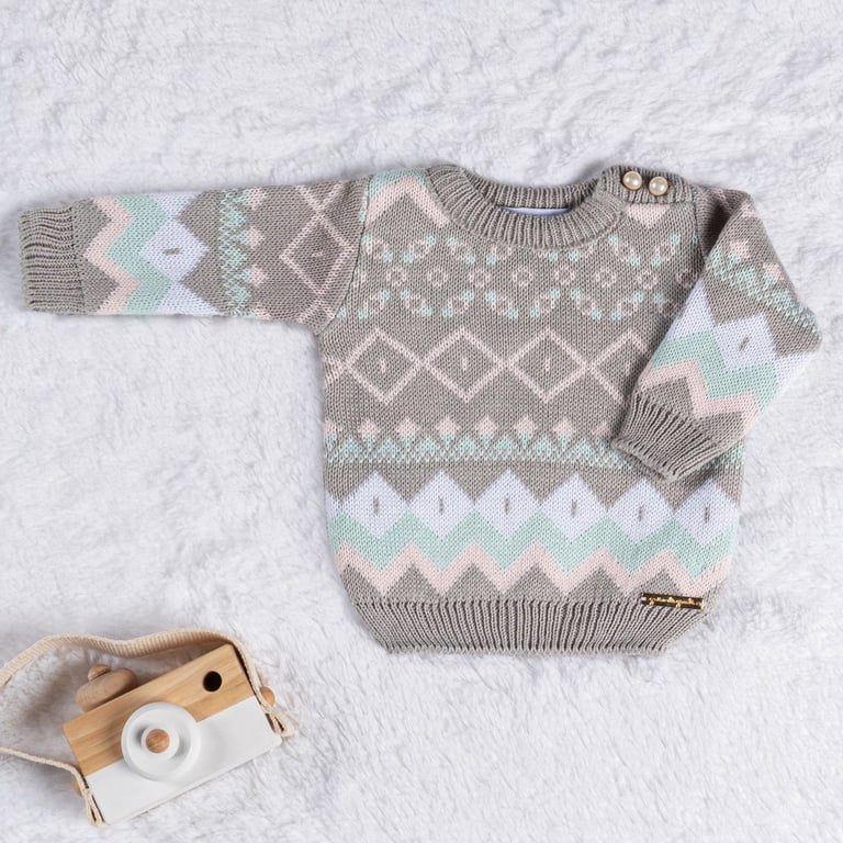 Casaquinho Tricot Jacquard Geométrico Cinza, Rosa e Verde