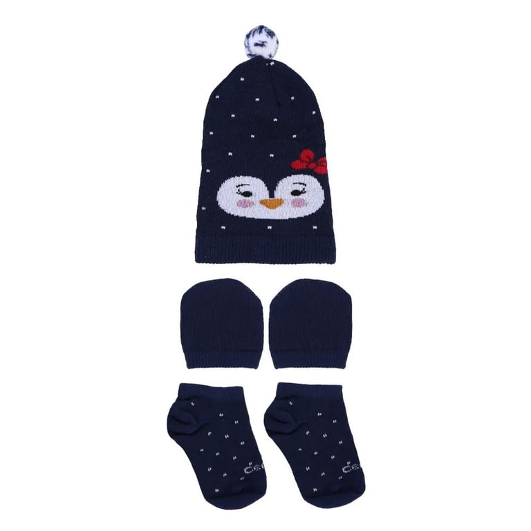 Kit Touca, Luva e Meia Pinguim Azul Marinho