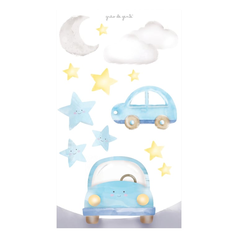 Adesivo de Parede Estrelinhas, Nuvem, Lua e Carrinhos Azul