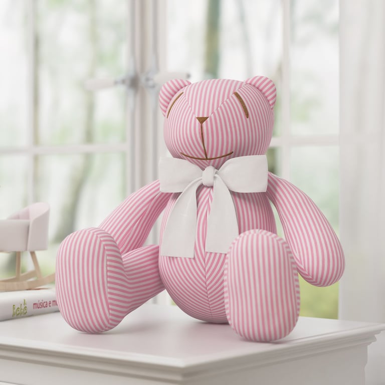 Ursinha Rosa Listrada com Laço Branco 34cm