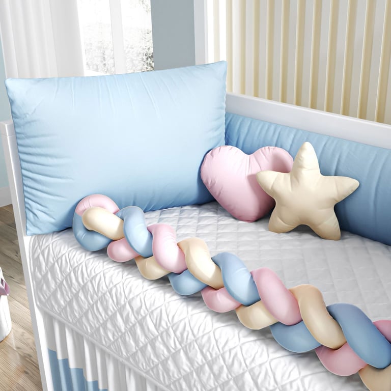 Kit Berço Trança Colorida Azul Claro, Rosa e Amarelo