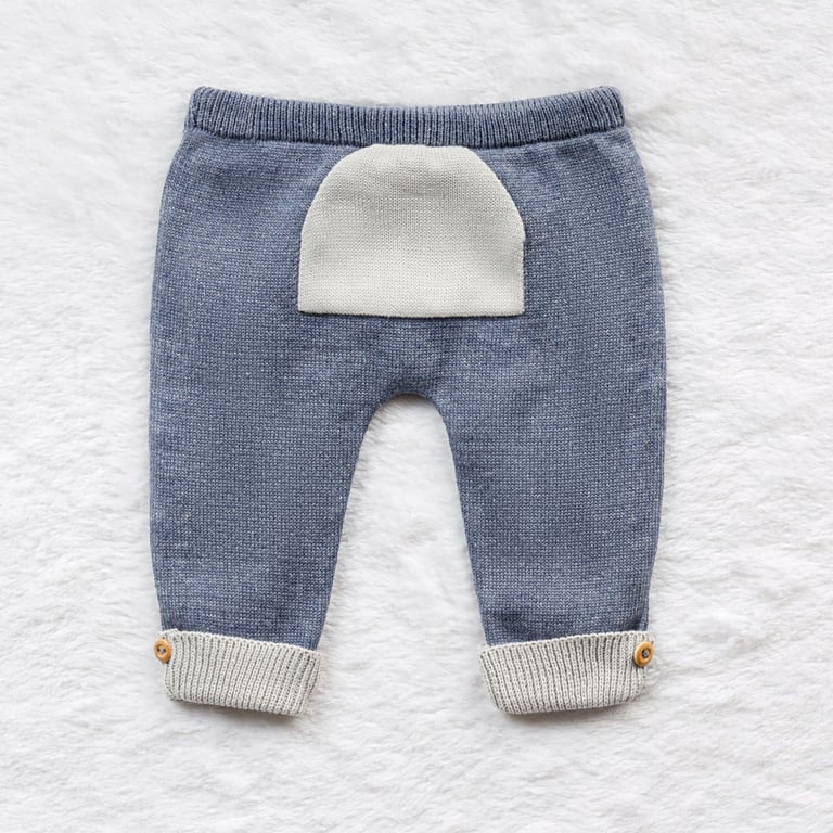 Saída Maternidade Tricot com Bolsinho e Listras Cinza e Azul Jeans 03 Peças