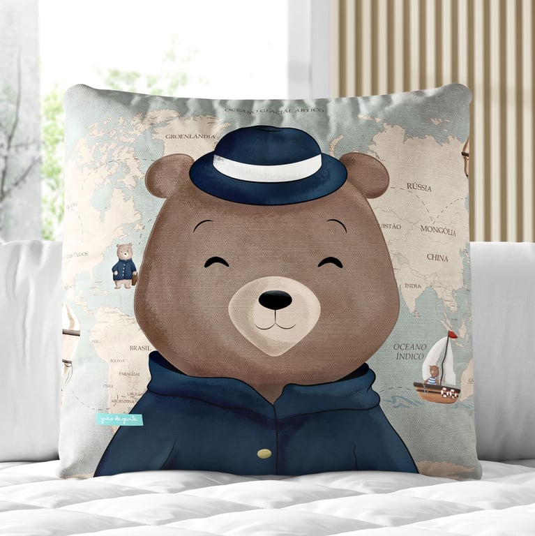 Almofada Quadrada Teddy Pelo Mundo Azul Marinho 30cm
