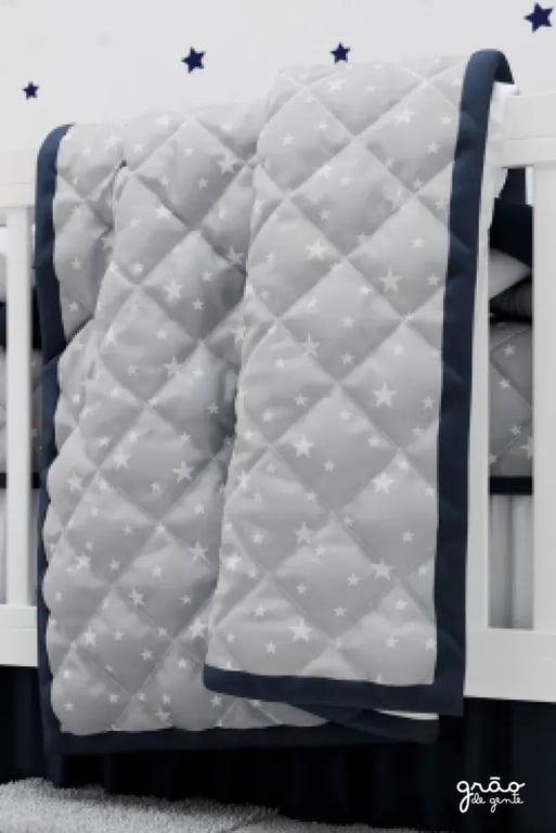 Edredom de Berço Matelado Estrelinhas Cinza/Azul Marinho