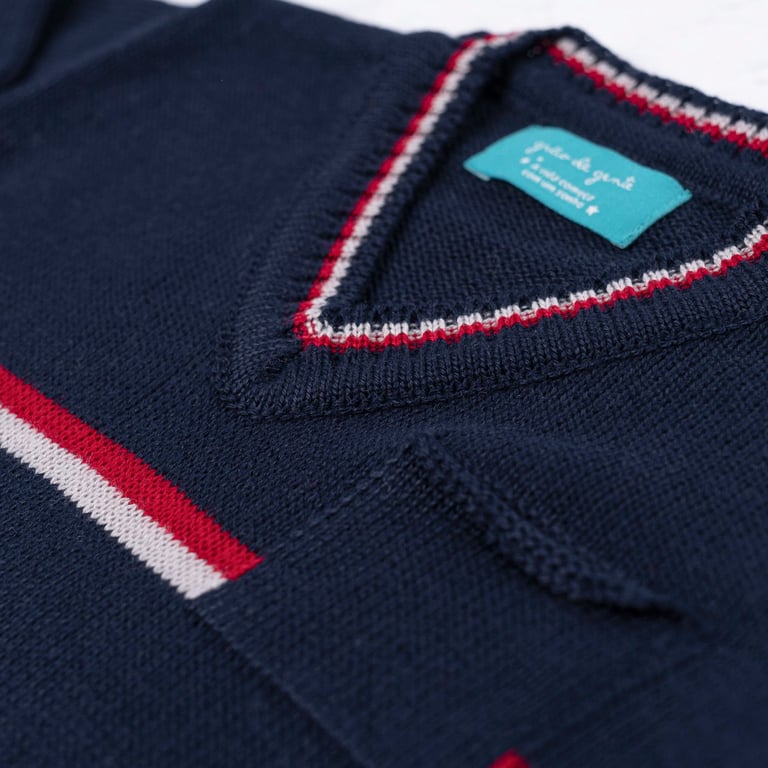 Conjunto Tricot Suéter e Calça Baseball Listras Bege e Azul Marinho 02 Peças