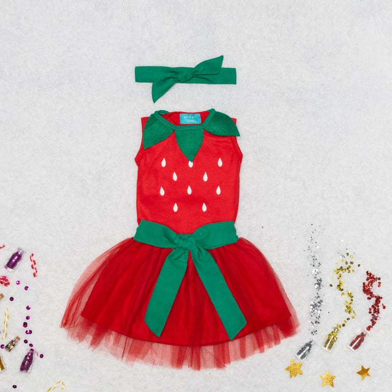 Fantasia Morango Bebê com Saia de Tule 4 Peças