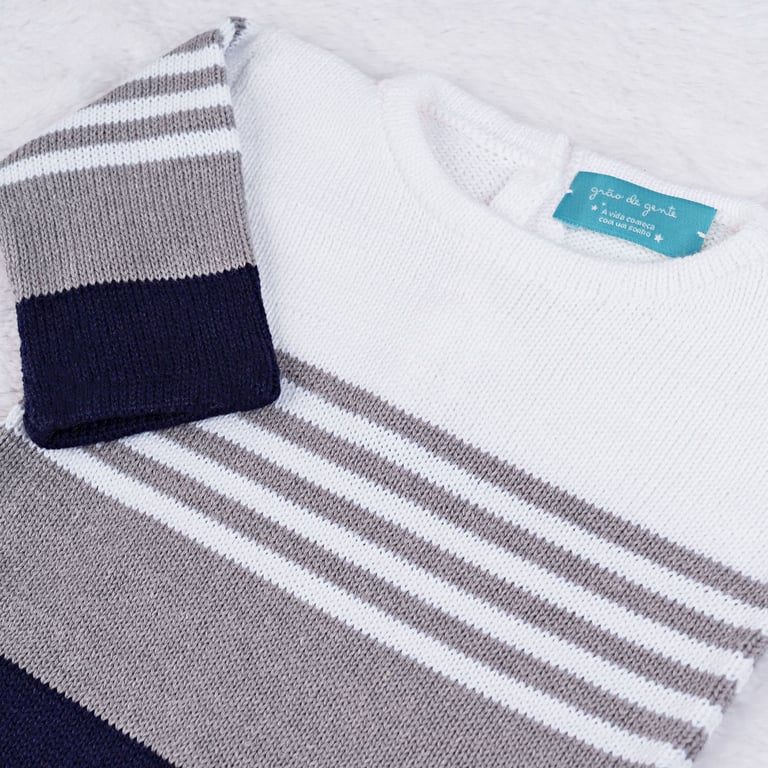 Macacão Tricot Listrado Reizinho Azul Marinho e Cinza