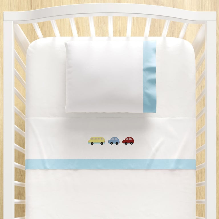 Jogo de Lençol Berço Bordado Carrinhos Azul Bebê 3 Peças