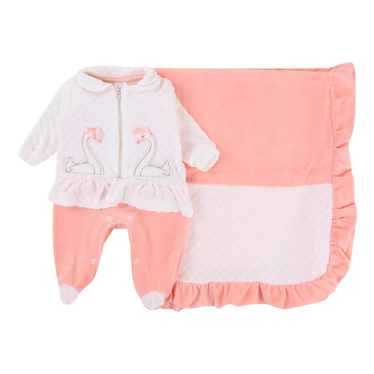 Saída Maternidade Baby Gijo Plush Bordado Cisnes + Manta Salmão