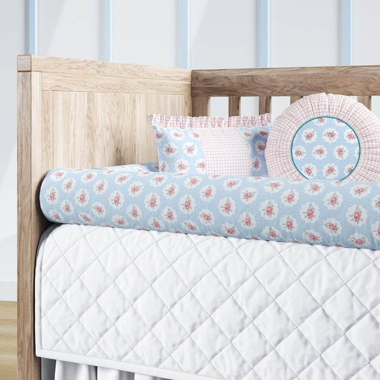 Kit Berço Rolinhos Floral Liberty Poá Azul 8 Peças