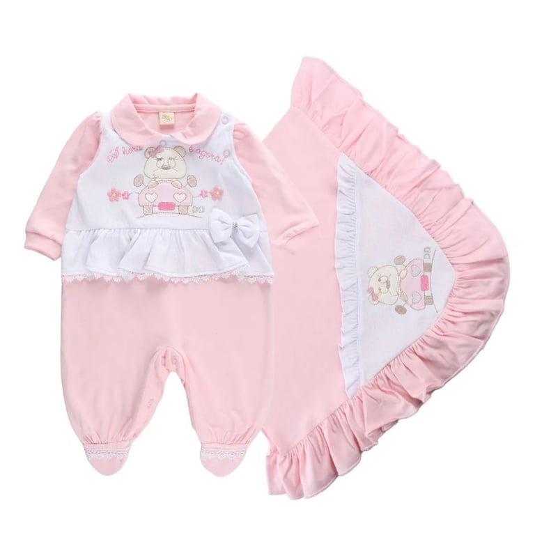 Saída de Maternidade Din Don Ursa com Laço Rosa Tam P