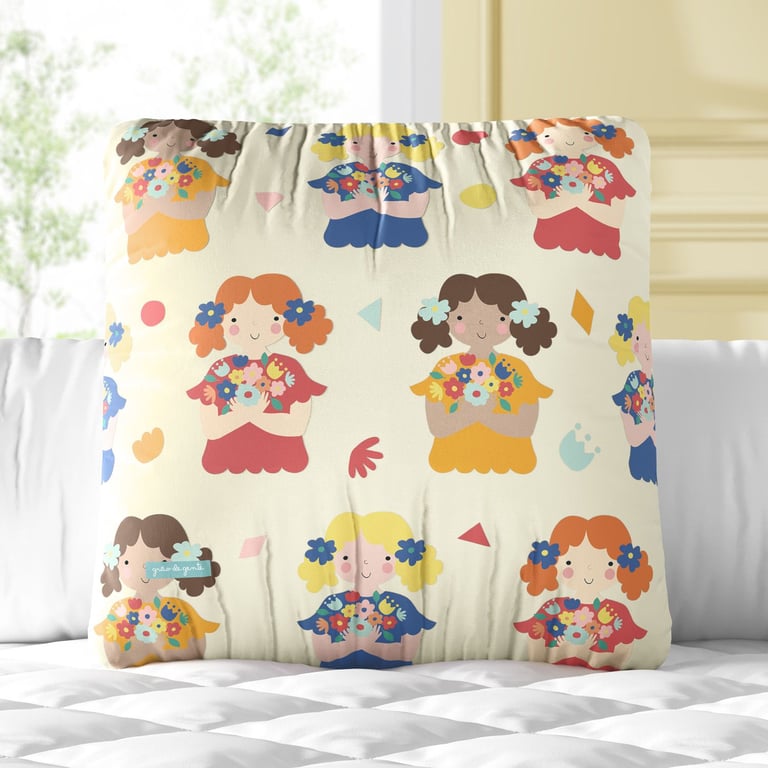 Almofada Quadrada Colorida Menina Flor Amarelo 30cm