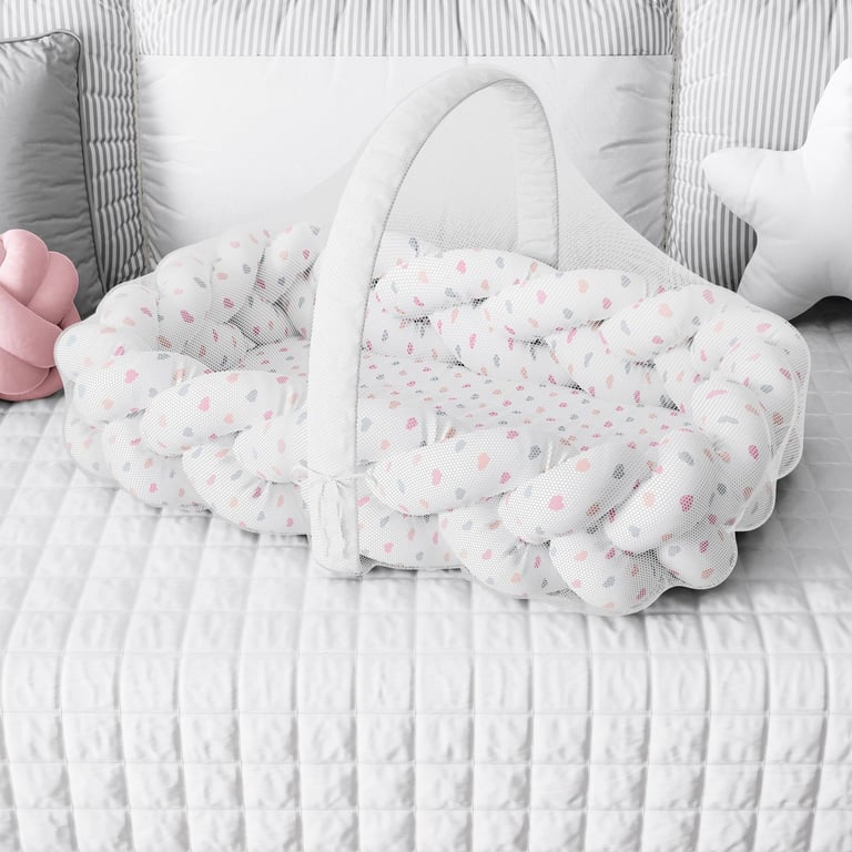 Ninho para Bebê Trança com Mosquiteiro Corações Rosa 80cm