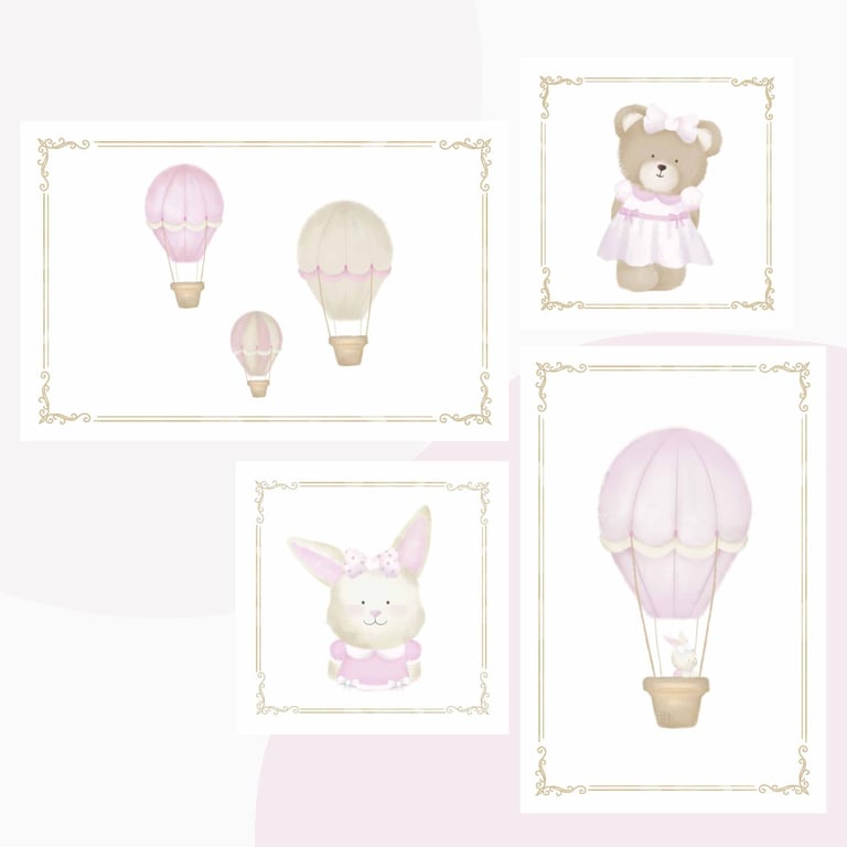 Kit Pôster Adesivo Balões Ursinha Rosa 4 peças