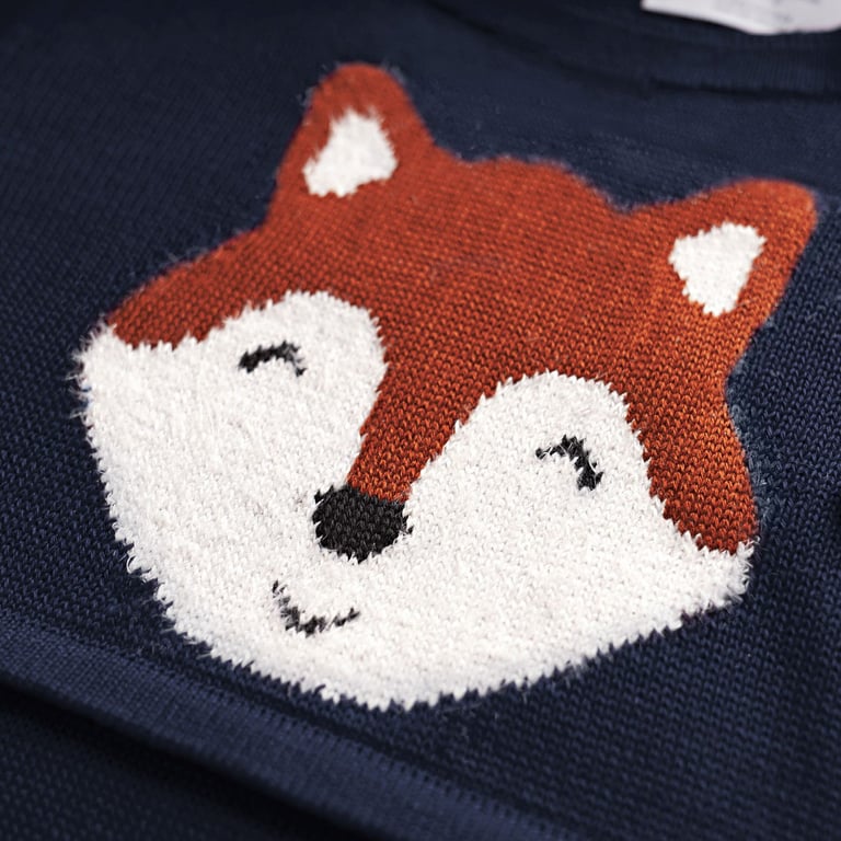 Macacão Tricot Jacquard Raposa Feliz Azul Marinho