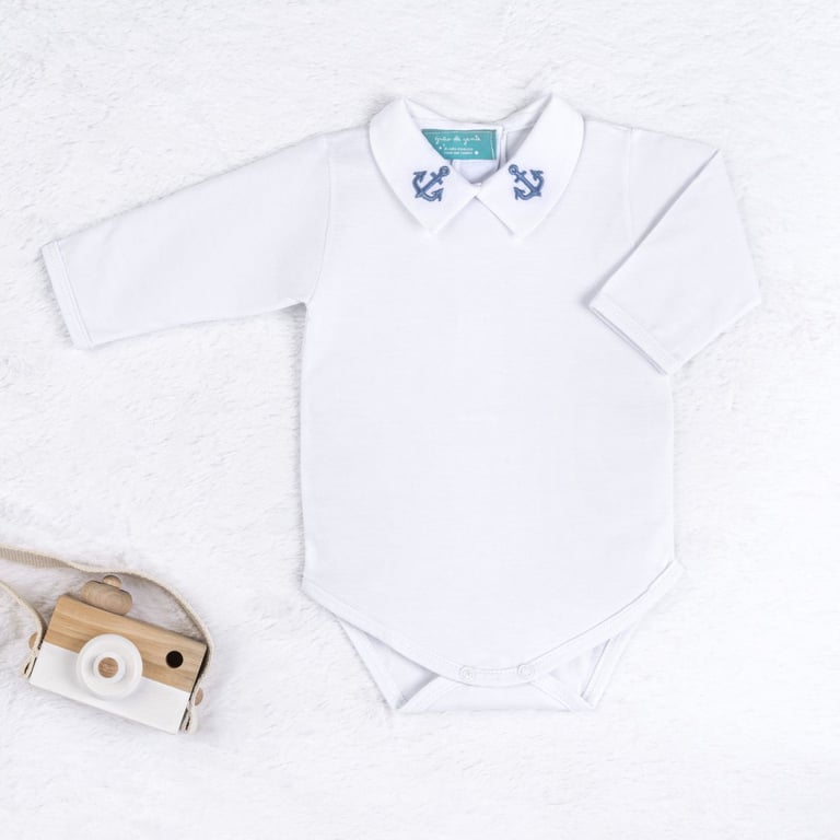 Body Manga Longa Bordado Âncora Navy Azul