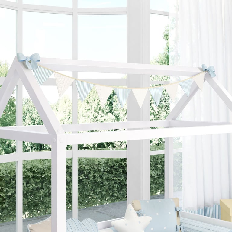 Varal de Cama Bandeirinhas Listras e Poá Azul/Bege 1,60m