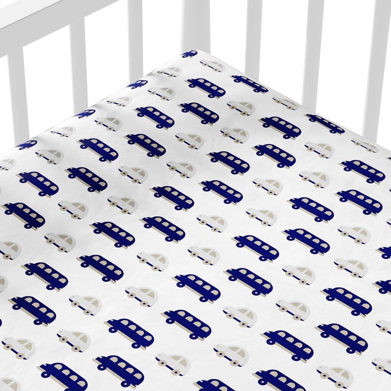 Lençol Berço com Elástico Carrinhos Azul Marinho