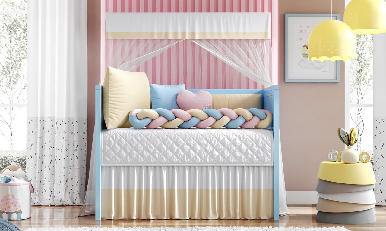 Kit Berço Trança Colorida Azul Claro, Rosa e Amarelo