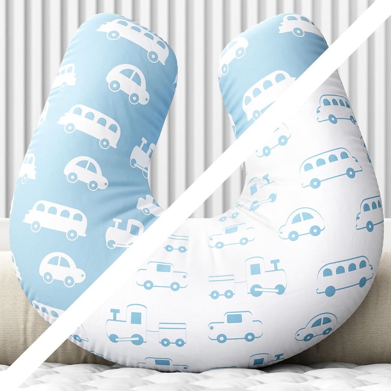 Almofada Amamentação Dupla Face Carrinho, Ônibus e Trem Azul