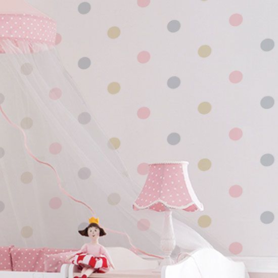 Papel de Parede Bolinhas Rosa/Cinza/Bege 10m