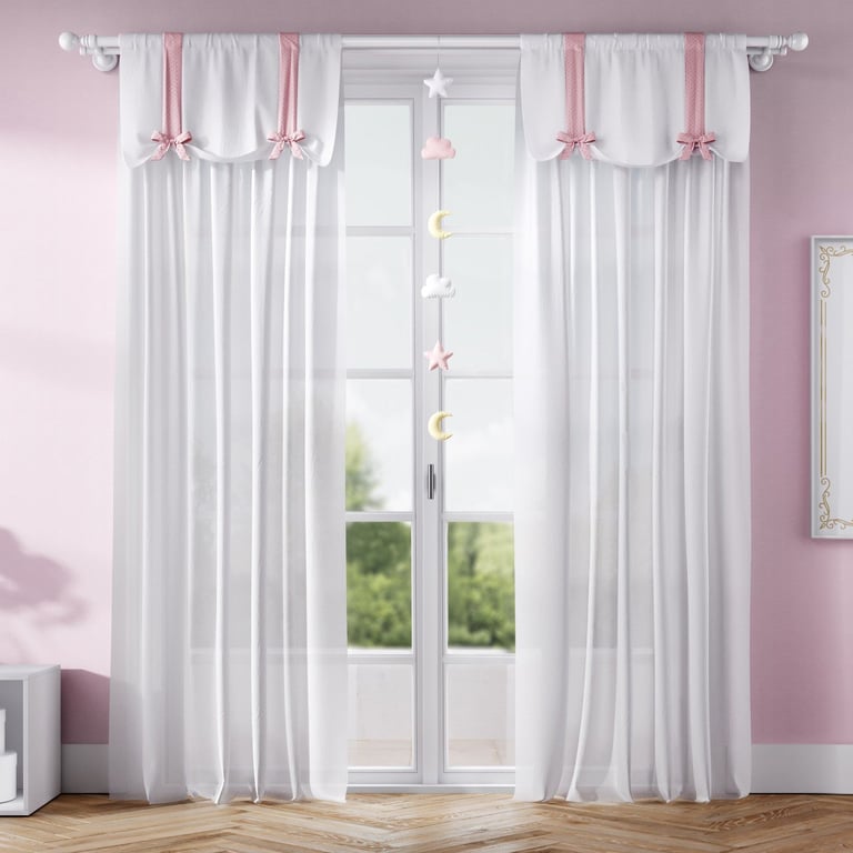 Cortina Branco/Rosa com Laços Poá