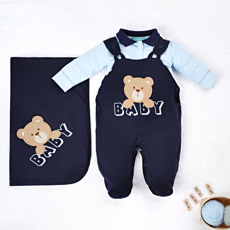 Saída Maternidade Jardineira Ursinho Baby Azul Marinho 03 Peças