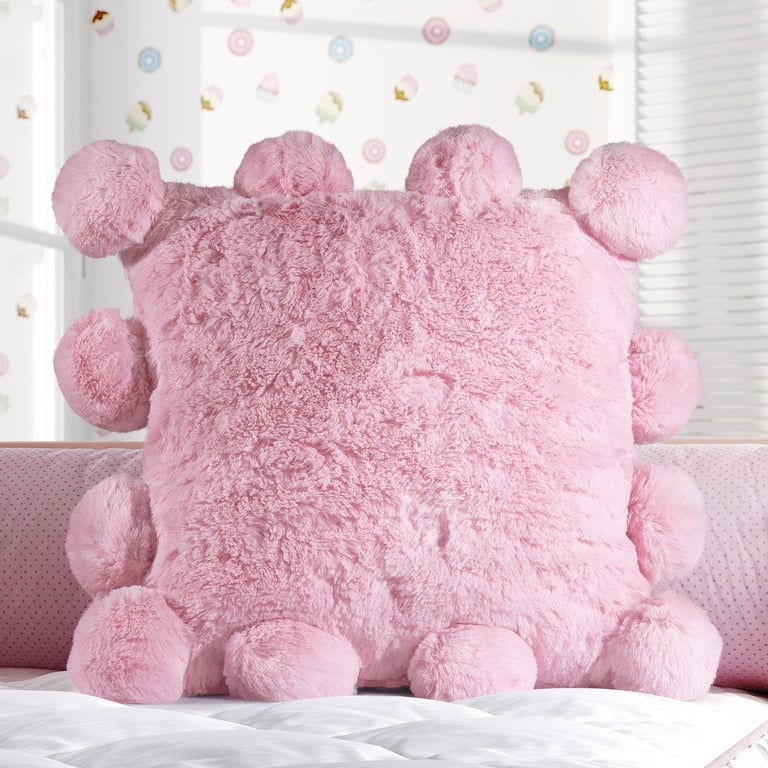 Almofada Quadrada Pelúcia Pompom Rosa 38cm