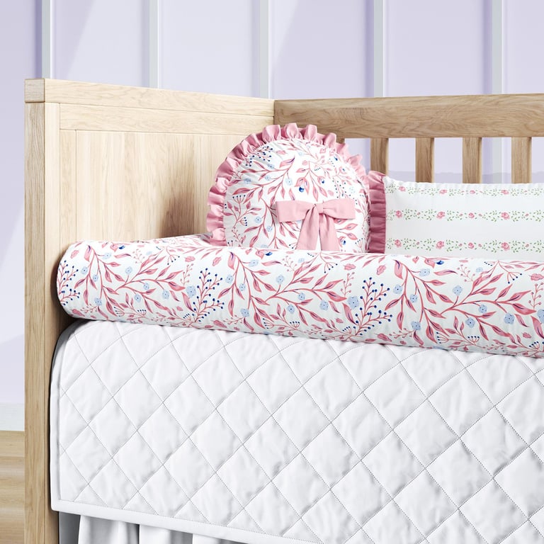 Kit Berço Rolinhos Folhas do Bosque Rosa 8 Peças