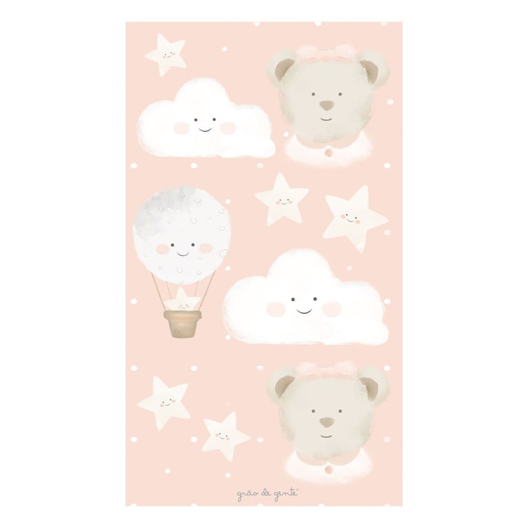 Adesivos de Parede Ursinhas, Balão, Nuvens e Estrelas Salmão