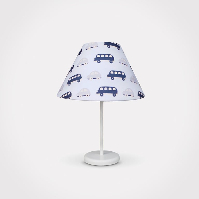 Abajur Simples Branco Carrinhos Azul Marinho