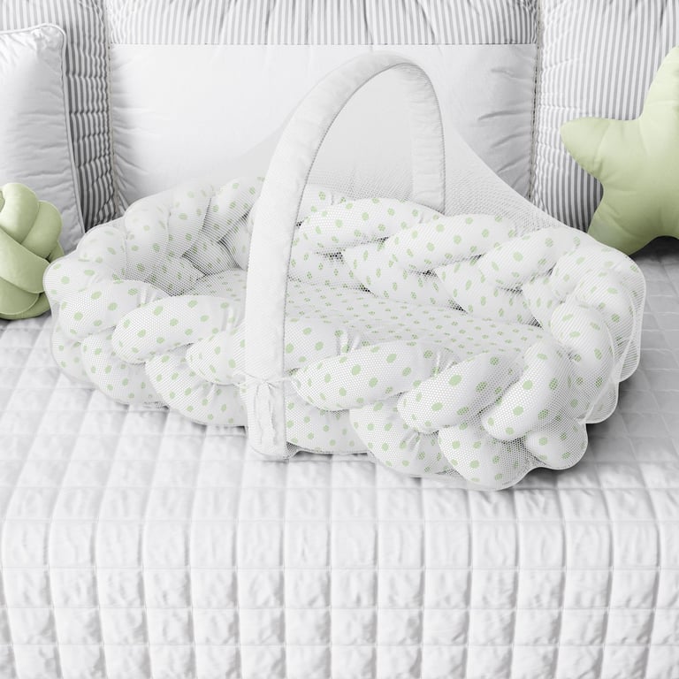 Ninho para Bebê Trança com Mosquiteiro Poá Verde 80cm