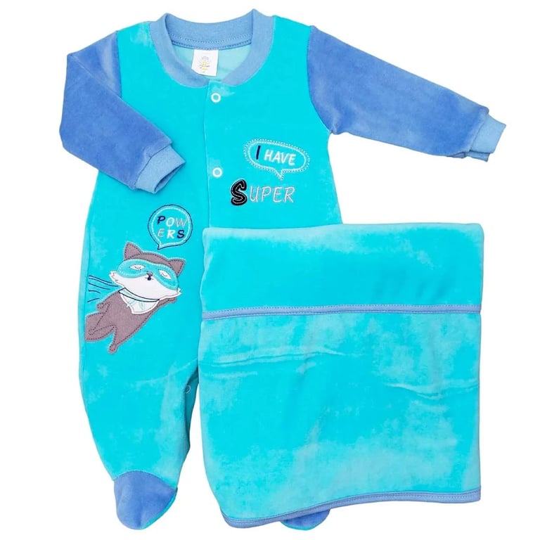 Saída Maternidade Presente Anjo Em Plush Bordado Raposa Azul + Manta