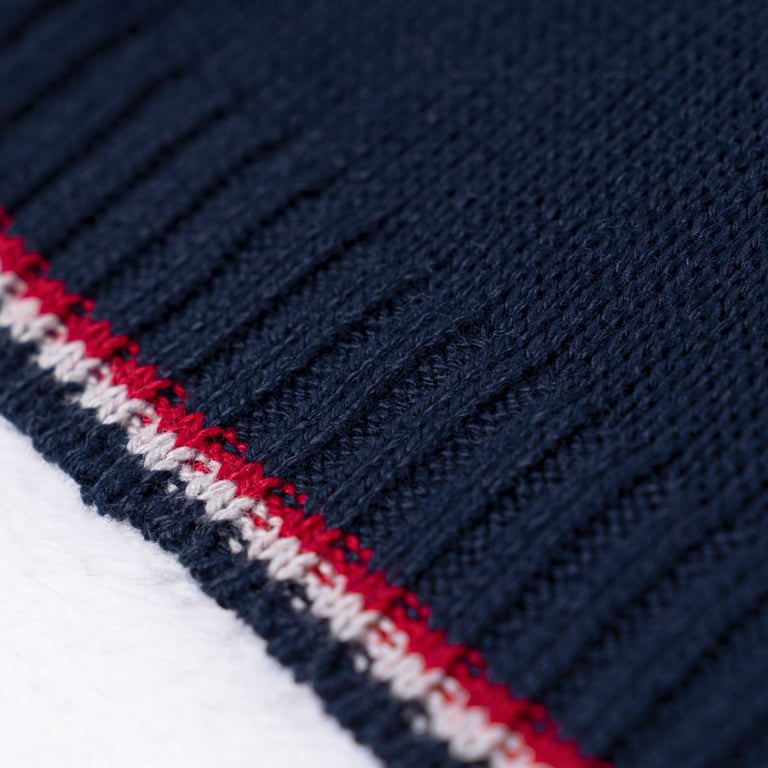 Conjunto Tricot Suéter e Calça Baseball Listras Bege e Azul Marinho 02 Peças