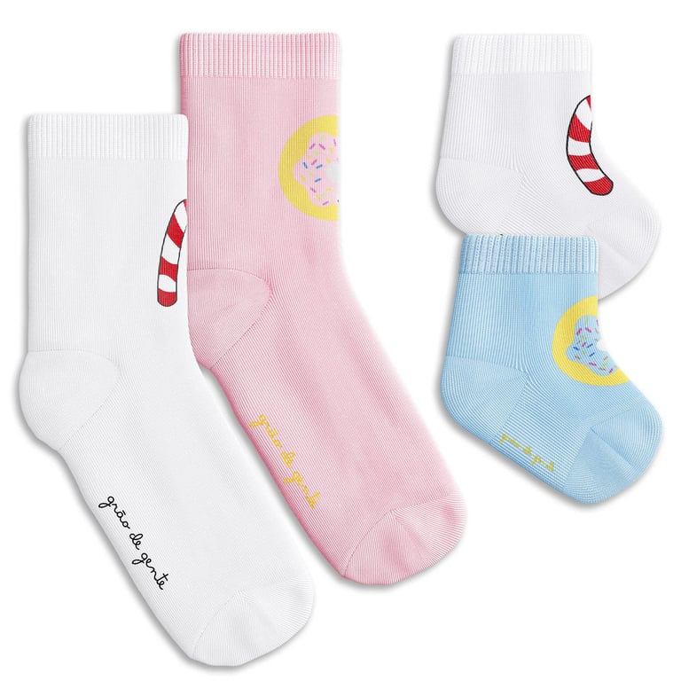 Kit Meia Bebê Tal Mãe Tal Filho Trocapé Pirulito e Donuts Rosa e Azul 4 Pares