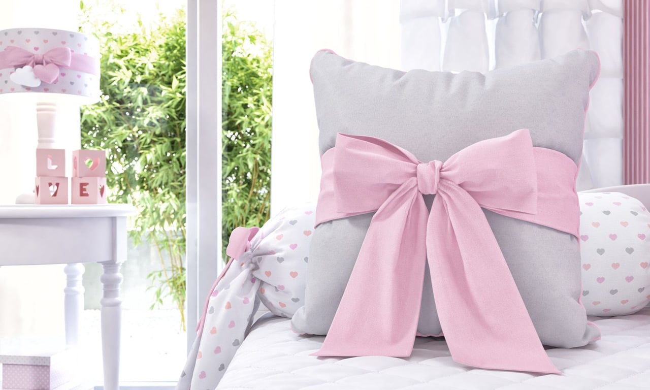 Almofada Laço Rosa/Cinza 38cm