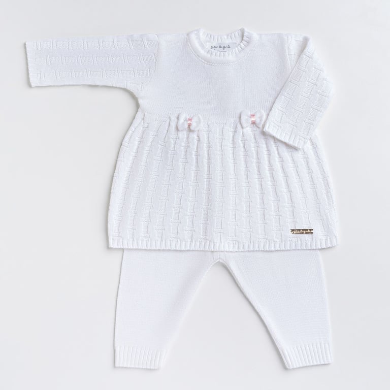 Saída Maternidade Tricot Vestido e Calça Tijolinho e Lacinhos Branco 02 Peças