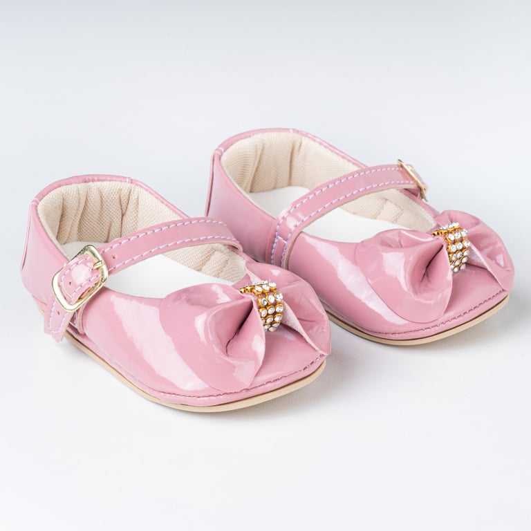 Sapatinho de Bebê Dorothy Laço e Strass Verniz Rosa Tam 17