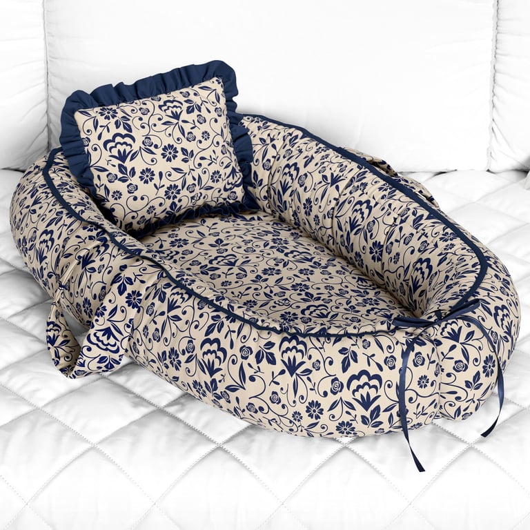 Ninho para Bebê Redutor de Berço Floral Luxo Azul Marinho 80cm