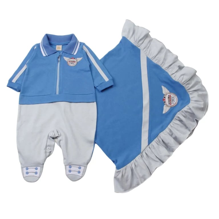 Saída Maternidade Din Don Bordada com Gola Polo Azul Claro