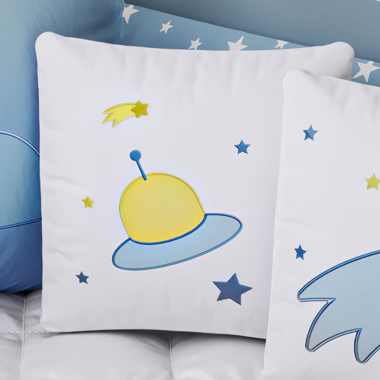 Almofada Quadrada Disco Voador Azul e Amarelo 35cm